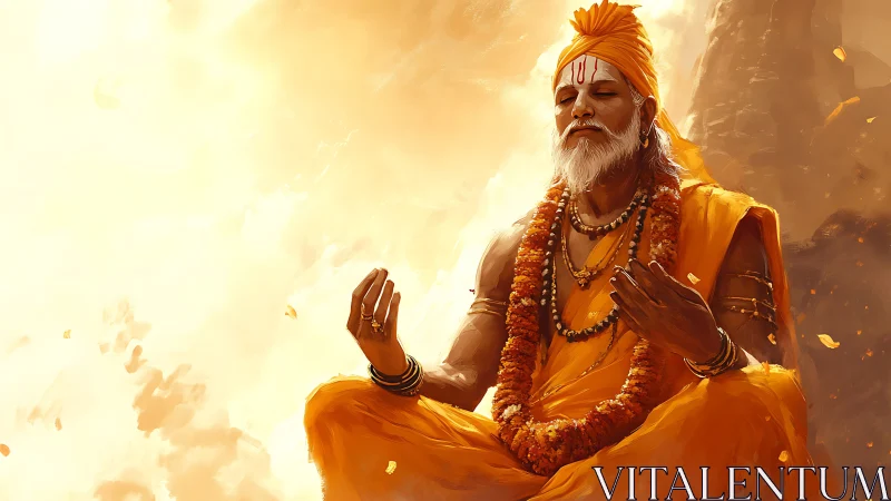 Elderly sage meditating in orange robes against bright light.