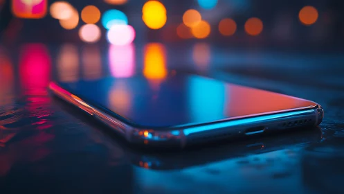 Smartphone screen reflects neon bokeh in wet night city