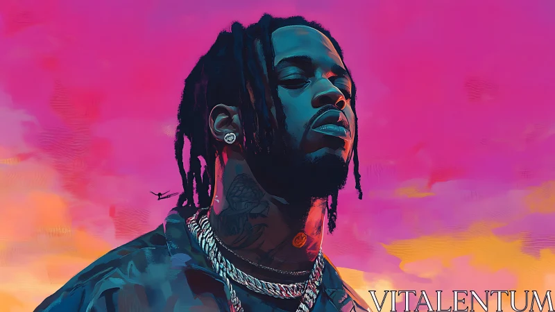 Neon dusk portrait of braided man with chains and tattooed neck