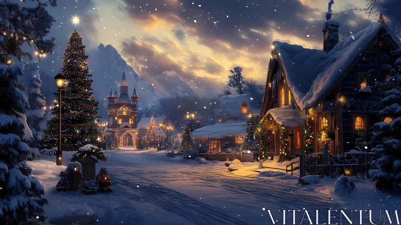 Snow-kissed village glows while twilight wraps Christmas quiet