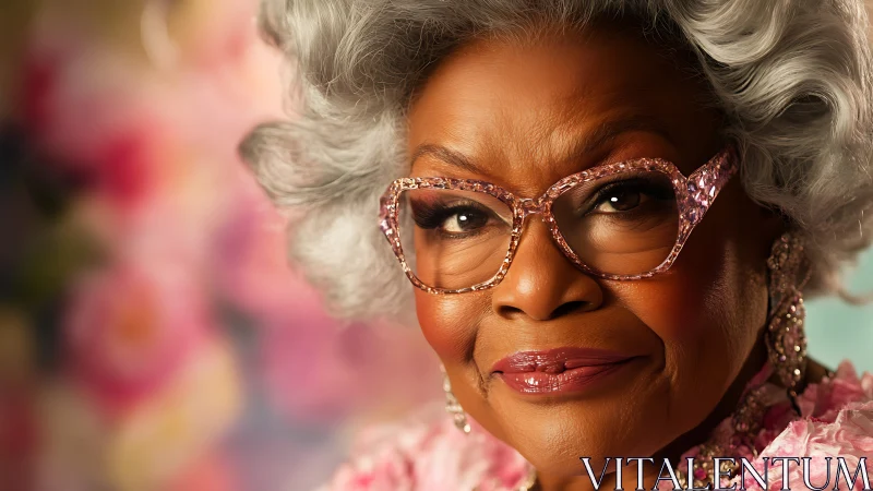 Elegant senior woman in sparkling pink glasses smiles warmly.