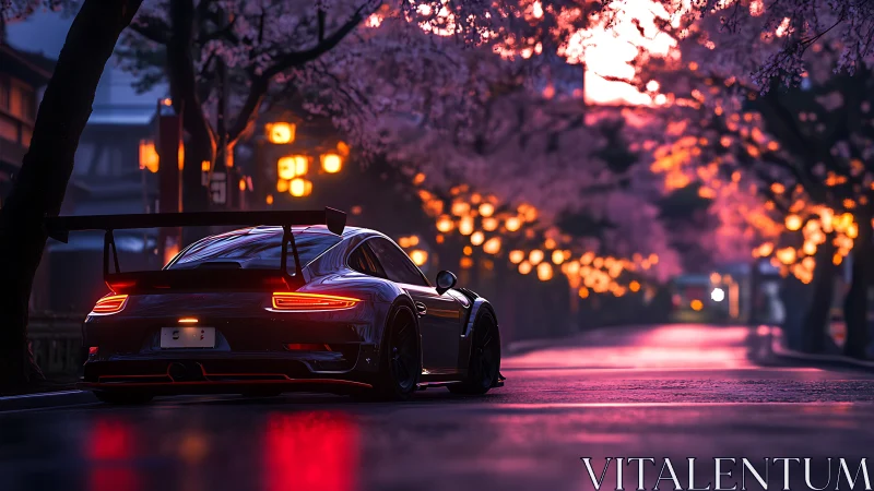 Sports car on urban street under pink blossom canopy at dusk.