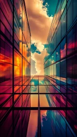 Glass towers reflect vivid sunset sky between facades