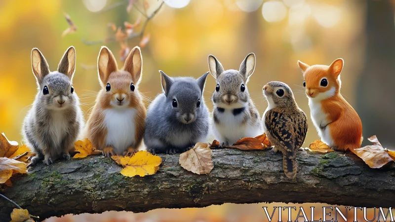 Forest baby animals pose together on autumn log perch.