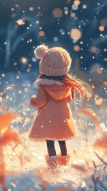 Winter child in orange coat under glowing snowfall twilight.