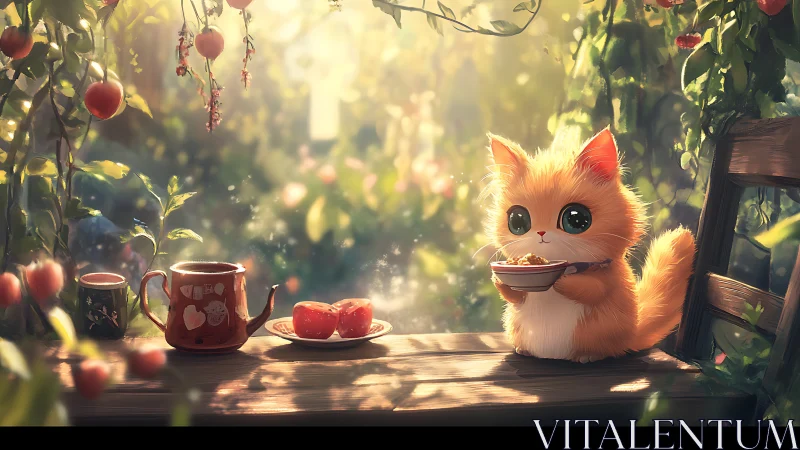 Golden garden kitten sharing a quiet breakfast moment.