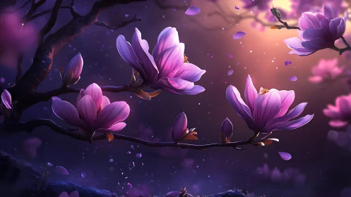 Magnolia Blossoms Floating in Twilight Garden.