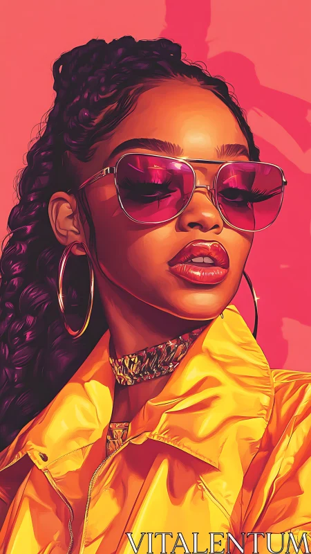 Digital portrait of woman in yellow jacket and sunglasses.