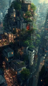 Vertical urban tower wrapped in dense rooftop greenery at night.