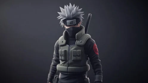 Masked silver‑haired ninja stands in moody battlefield hush.