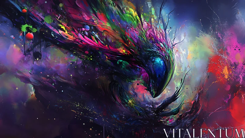 Digital abstract composition renders central avian-like form