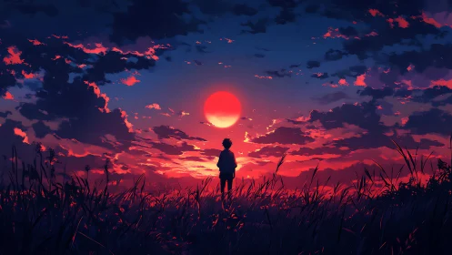 Silhouette boy watches blazing crimson sunset horizon sky.