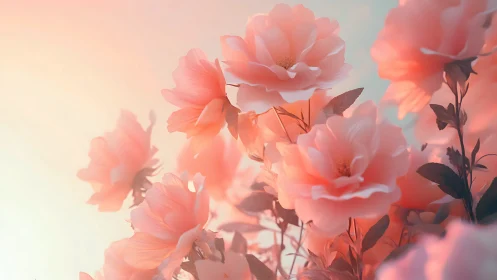 Soft focus pink blossoms against pale gradient background.