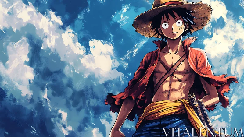 Straw hat anime character stands shirtless under dynamic sky