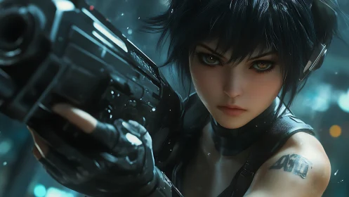 Cybernetic sniper locks target under neon city rain.