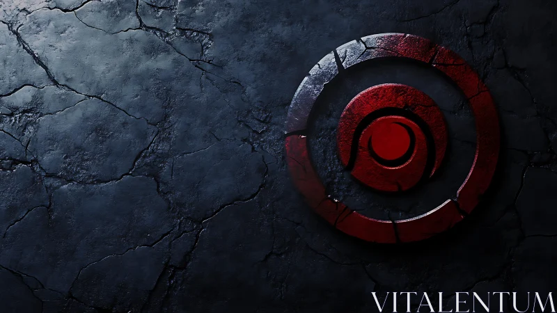 Red segmented spiral emblem on dark fractured stone surface.