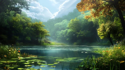 Sunlit forest lake shimmers beneath drifting summer clouds