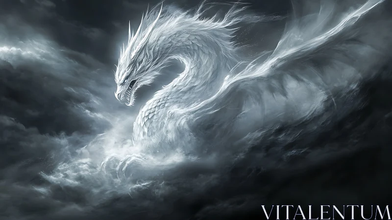 White-scaled dragon form emerges within dense storm clouds