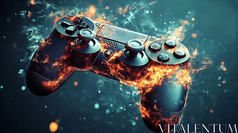Gaming controller blazes with fiery energy in dark space