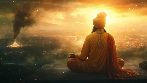 Meditating sage above burning temple city at sunrise.