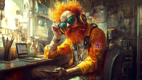 Eccentric orange‑haired hacker relaxes in cluttered studio