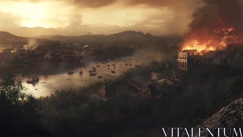 Sunset over a burning ancient riverside city in turmoil.