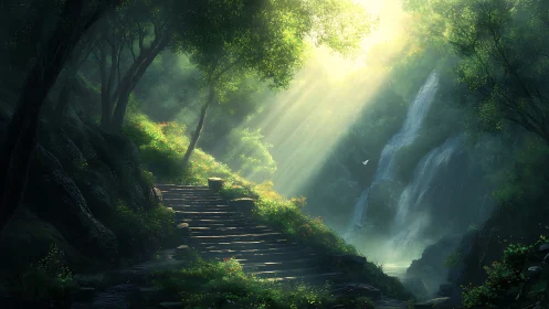 Forest pathway with waterfalls and directional light shafts