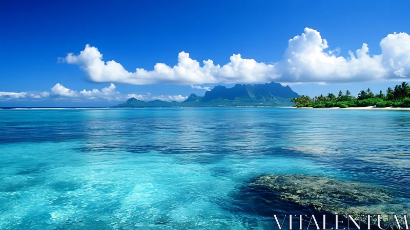 Tropical lagoon panorama with distant volcanic island ridge.