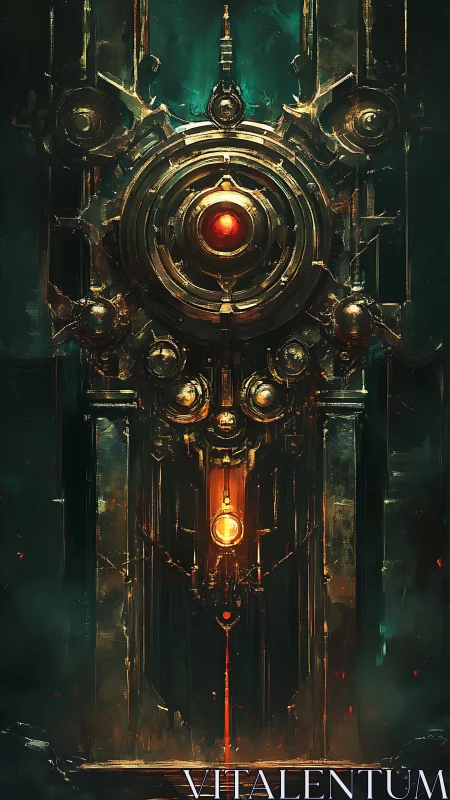 Ancient mechanical gate with glowing red and gold core.