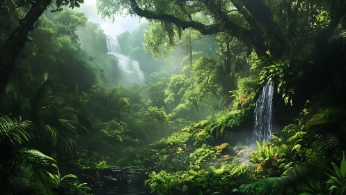 Tropical Rainforest with Cascading Waterfalls and Mist.