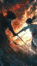 Samurai duel ignites sky with blazing elemental energy.
