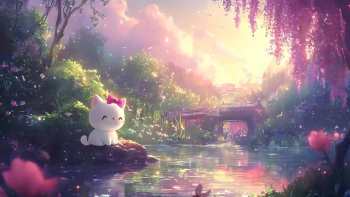 Cute chibi cat rests by a dreamy pastel riverside garden.