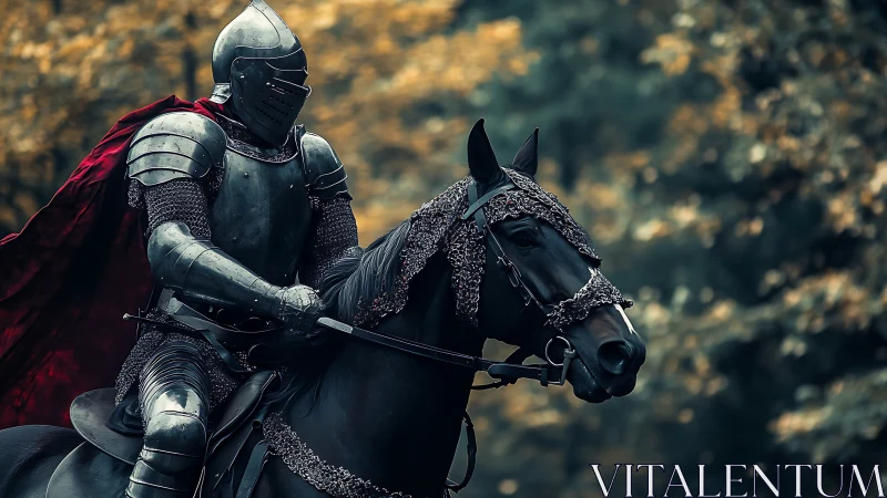 Armored medieval knight on horseback in forest setting.