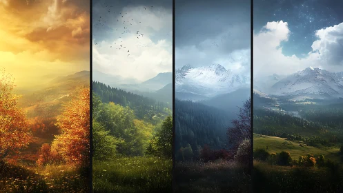 Seasonal mountain landscape panels showing yearly cycle.