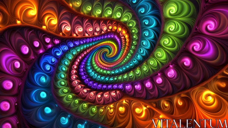 Vibrant fractal spiral with neon rainbow swirling forms.