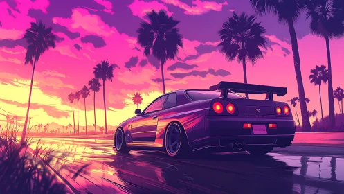 Sunset street racer glows beneath neon-soaked palm skies