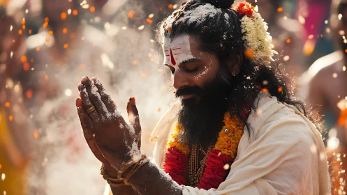 Sacred devotee in flowered garland amid drifting ritual ash.