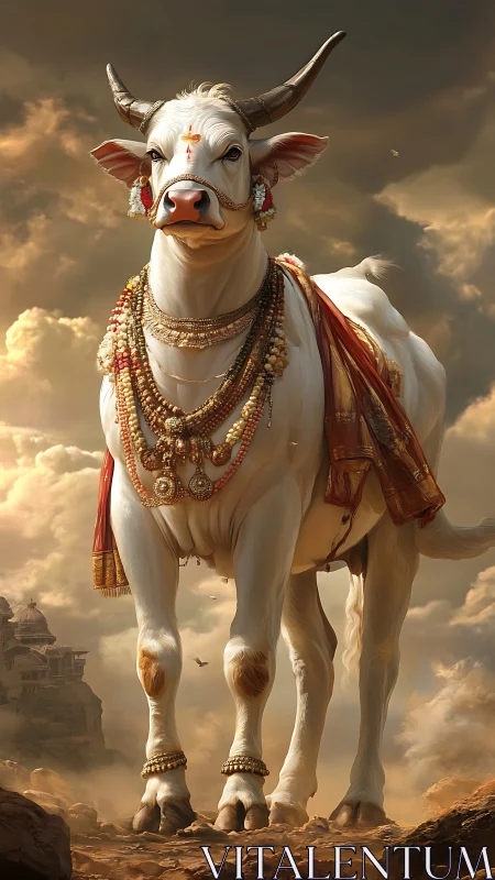 Sacred white cow adorned with gold in stormy sunset