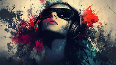 Digital portrait girl with headphones in abstract splashes.