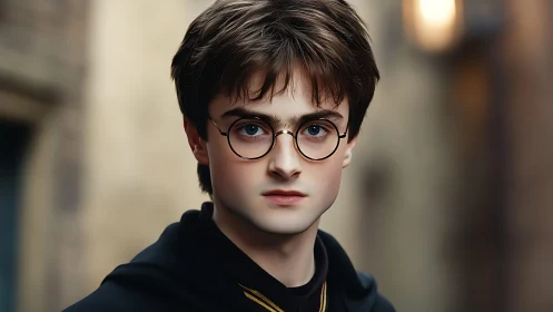 Young wizard portrait with round glasses and soft bokeh background.