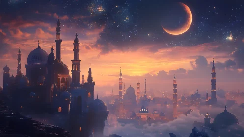 Luminous crescent over misty domed fantasy skyline at dusk.