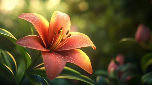 Asiatic Lily with Water Droplets in Garden Setting.