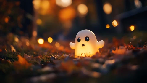 Glowing little ghost resting softly in autumn twilight.