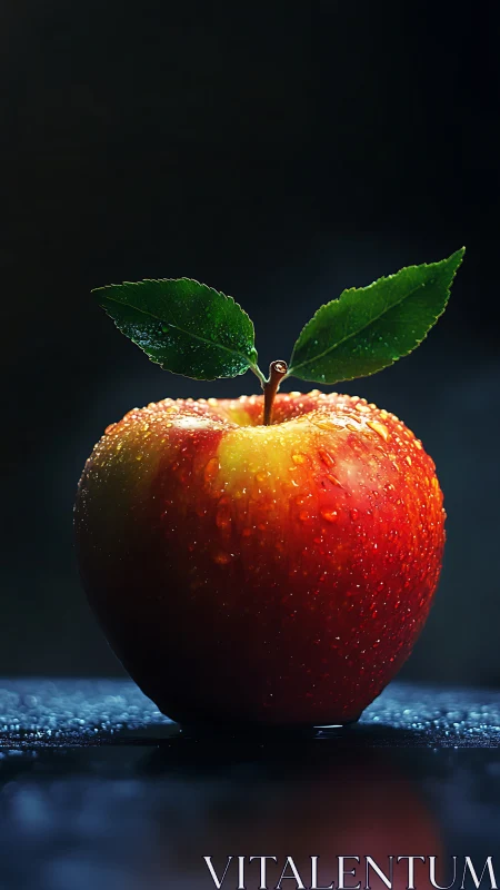 Red apple with water droplets against dark studio background.