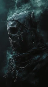 Smoky hooded skeletal wraith in cinematic teal rim lighting