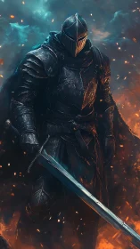 Armored greatsword sentinel amid bifurcated elemental fire.