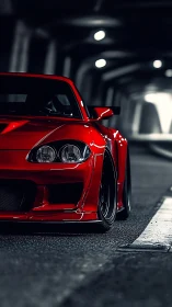 Low-angle profile of red tuned sports car under tunnel lighting