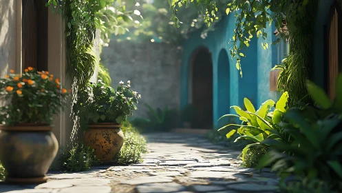 Sunlit stone alley with potted plants and blue walls.