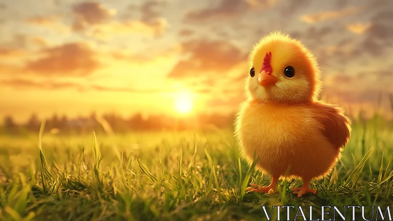 Yellow chick in meadow at sunset.