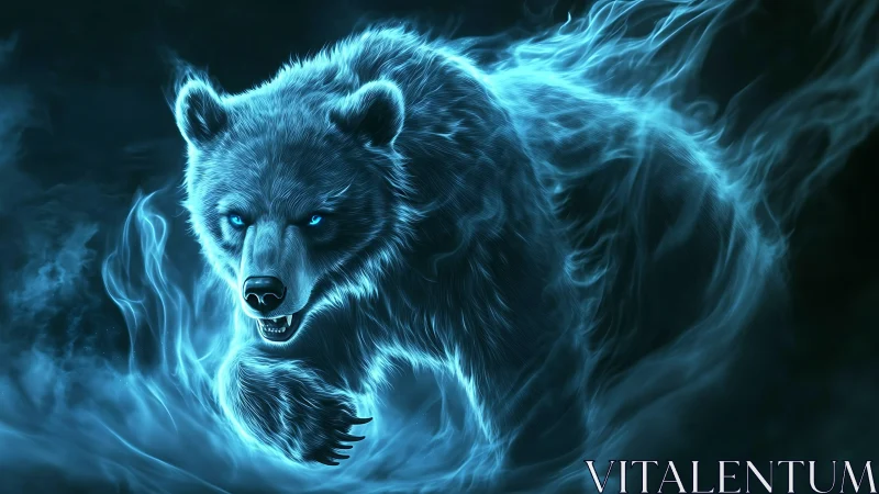 Spectral bear rendered in luminous cyan energy plume dynamics